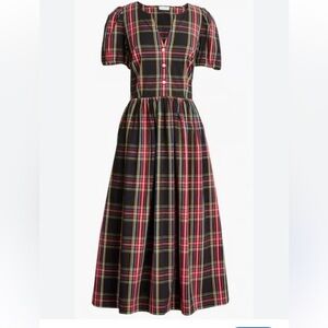 J.Crew Factory Stewart tartan puff-sleeve midi dress